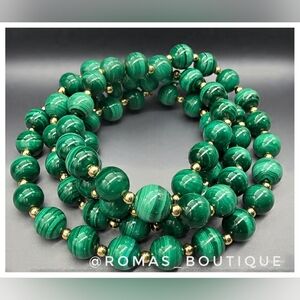 Malachite Stone Beaded Necklace With Gold Tone Beads
